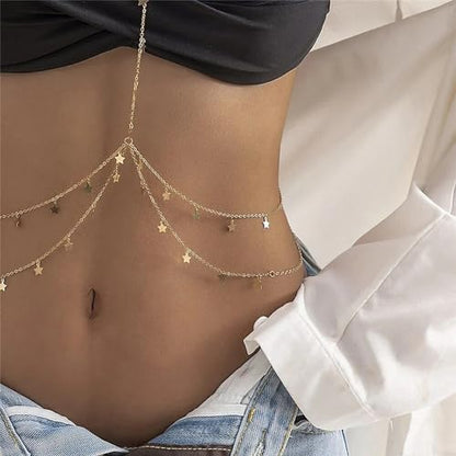 Gold Plated Body Chain for Women, Layered Bikini Waist Chain | Sexy Rhinestone Body Jewelry, Chest Belly Chain, Adjustable Fit, Crossover Design, Summer Beach Parties and Vacations - color: Gold8