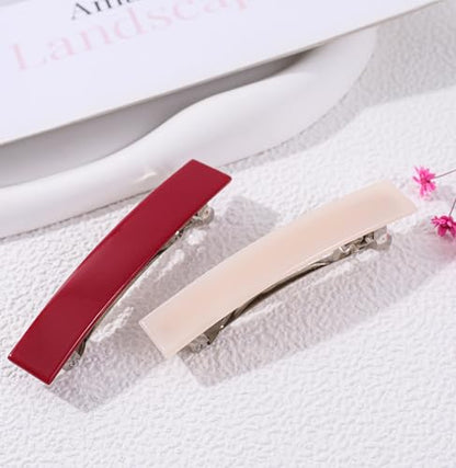 2 Pack French Design Hair Barrettes Acetate Celluloid Rectangle Hair Clips for Women - color: Pear White+Red