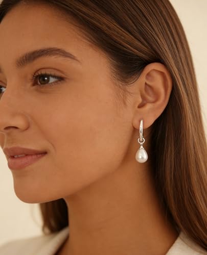 Pearl Earrings for Women Trendy, 14k Gold Plated Freshwater CZ Leaf Pearl Dangle Drop Gold Earrings Lightweight Hypoallergenic Stud Earring Bridesmaid Wedding Gold Jewelry for Women Gifts - style: hoop pearl-silver