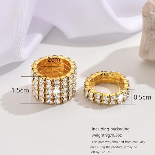 Fashion Silver Bling Rhinestone Crystal Stretch Rings Set for Women | Sparkly Rhinestone Elastic Finger Nail Ring Glitter Stretchy Stack Statement Knuckle Rings Cocktail Jewelry Accessories Pack - color: Gold