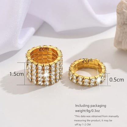 Fashion Silver Bling Rhinestone Crystal Stretch Rings Set for Women | Sparkly Rhinestone Elastic Finger Nail Ring Glitter Stretchy Stack Statement Knuckle Rings Cocktail Jewelry Accessories Pack - color: Gold