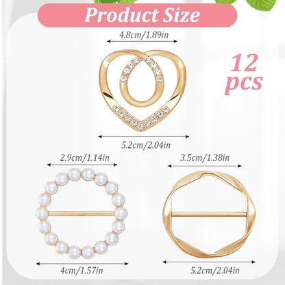 Xinjoduz 12 PCS Cute Scarf Ring and Slides for Scarves, Metal T Shirt Ties Clips for Women Clothing, Waist Cincher Clip Buckle for Womens Girls Clothing Accessories (Gold & Silver, 3 Different Sized)