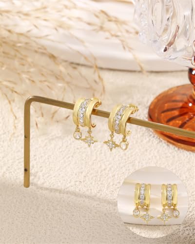 Dangle Gold Earrings for Women Trendy Triple Huggie Chain Earrings 14K Gold Plated Statement Cute Drop Dangle Earrings Dainty Hypoallergenic Chunky Hoop Earrings Fun Earring Stacks Jewelry - color: H-Star Earrings