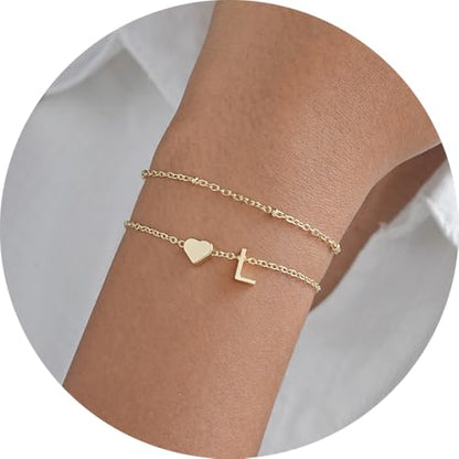 Gold Initial Bracelets for Women Trendy, Dainty Layered 14K Gold Plated Heart Letter Charm Bracelets, letter beads for name bracelets Jewelry Gifts - color: Gold-L