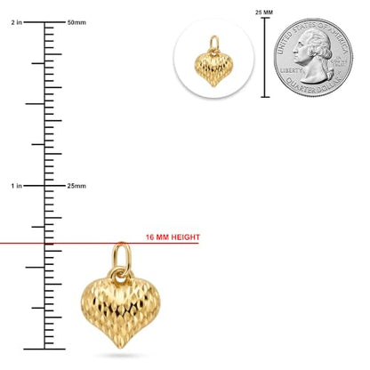 Gold Puffed Heart Charm - 14/10 Karat Gold - High Polish Diamond-Cut Pendant - 3D Jewelry - Great for Gifts - size: Small