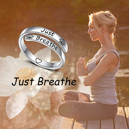 Ladytree Adjustable Inspirational Rings 925 Sterling Silver Stacking Wrap Spiral Twist Statement Band Encouragement Birthday Gift for Women Men - style: just breathe