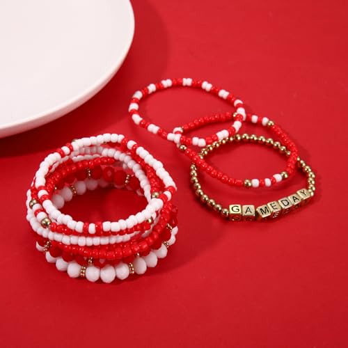 ZOLEAROPY Game Day Bracelets Stack Football Bracelets for Women Men Stackable Game day Bracelet Accessories Football Mom Outfit Jewelry Gifts - color: red white