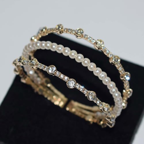 Triple-Row Open Cuff Bracelet for Women with Faux Pearl Center and Crystal-Set Metal Bands, Adjustable Bangle for Wedding and Daily Wear - color: SL-1325 Gold