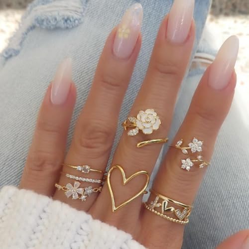 Flower Rings for Women Gold Adjustable Rings Set, Pink Enamel Rose Daisy Stackable Rings with Cubic Zirconia, Dainty Floral Knuckle Rings Jewelry for Party Wedding Gifts - color: Gold-02