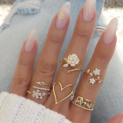 Flower Rings for Women Gold Adjustable Rings Set, Pink Enamel Rose Daisy Stackable Rings with Cubic Zirconia, Dainty Floral Knuckle Rings Jewelry for Party Wedding Gifts - color: Gold-02
