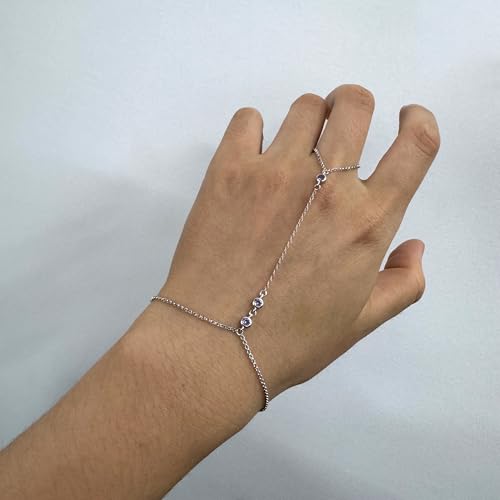 Kakikaki 925 Sterling Silver Finger Ring Bracelet Hand Chain for Women | Slave Bracelets 7" to 9" Adjustable - color: Silver, style: 3 Amethyst