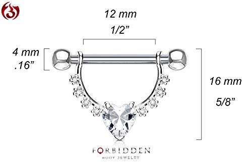 Forbidden Body Jewelry Pair of Surgical Steel 1/2 Inch (12mm) D-Ring Style CZ Heart Dangle Nipple Barbells - color: Clear