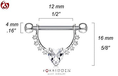 Forbidden Body Jewelry Pair of Surgical Steel 1/2 Inch (12mm) D-Ring Style CZ Heart Dangle Nipple Barbells - color: Clear