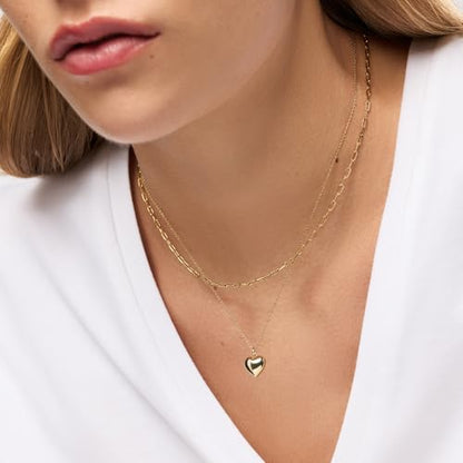 Ana Luisa Lev Puffy Heart Necklace for Women - Paperclip Chain w/ 14K Gold Plated & Silver Rhodium Plated Small Puffed Heart Pendant - Hypoallergenic, Water-Resistant, Tarnish-Free Jewelry - style: Box Chain - Gold