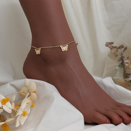 Sonateomber Gold Waterproof Ankle Bracelets for Women, Dainty Cute Adjustable Foot Non tarnish Anklets Summer Beach Jewelry Gifts - color: Butterfly