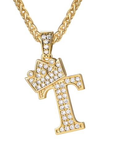 U7 Crown Initial Necklace Men Women, Bling Diamond A-Z 0-9 Letter Pendant with Wheat Chain, Silver/Black/Gold Plated CZ Alphabet Number Hip Hop Jersery for Father Husband - color: a. Gold, size: 20. T