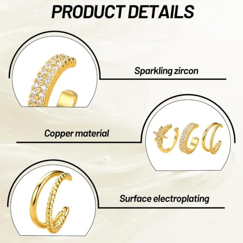 Ear Cuff Gold Earrings for Women Non Piercing Fashion Dainty Ear Cuff Set | Ear Cuff Earrings for Women Non Piercing 14K Gold Plated Ear Cuffs for Non Pierced Ears Hypoallergenic Cute Dainty Clip on Ea