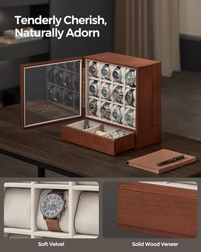 SONGMICS Watch Box 12-Slot Watch Display Case with Window | Solid Wood Veneer, Velvet Lining, Vertical Storage, Space Saving, Gift Idea, Coffee Brown, UJOW014K01 - color: Coffee Brown, size: 12 Slot
