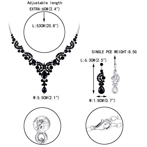 EVER FAITH Rhinestone Crystal Bridal Floral Wave Teardrop Necklace Earrings Set - color: 2pcs_Black