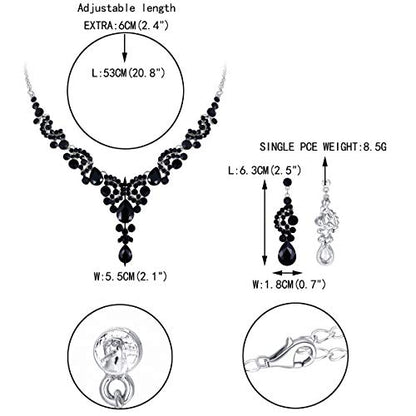 EVER FAITH Rhinestone Crystal Bridal Floral Wave Teardrop Necklace Earrings Set - color: 2pcs_Black