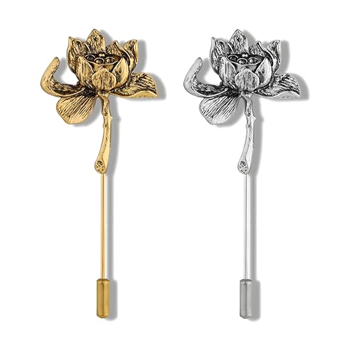 Dreuyet Simple Gold Silver Plated Long Brooch Pins with Cute Animal Antlers Leaves Plant Bees Rabbits Rose Flower Feather Brooch Jewelry for Women Men Elegant Suit Collar Lapel Pin - style: Lotus