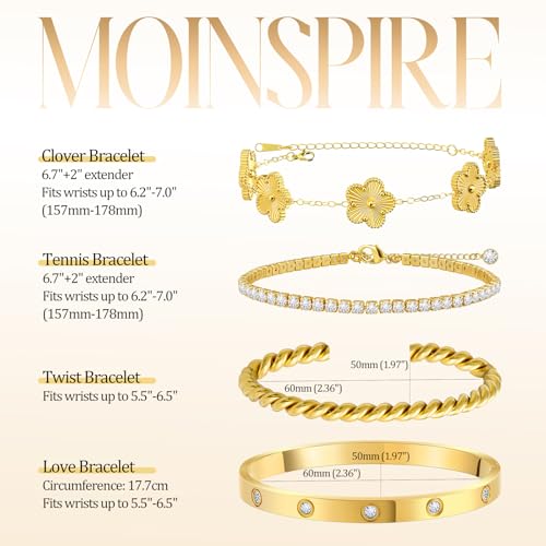 MOINSPIRE Gold Bracelets for Women, 18K Gold Plated Tennis Nail Clover love Bangle Bracelets Set Non Tarnish, Stainless Steel Trendy Stackable Bracelet Fashion Jewelry Accessories Gifts for Christmas - color: B1-Gold