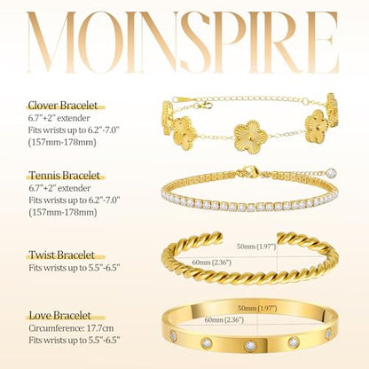 MOINSPIRE Gold Bracelets for Women, 18K Gold Plated Tennis Nail Clover love Bangle Bracelets Set Non Tarnish, Stainless Steel Trendy Stackable Bracelet Fashion Jewelry Accessories Gifts for Christmas - color: B1-Gold