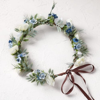 Fairy White Flower Crown Headband, Rose Floral Headpiece | Adjustable, Fairy Flower Crown, Women Girls, Renaissance Birthday Wedding Party Photo Props - color: Blue White