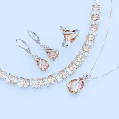 GZWHD Jewelry Set for Women CZ Earrings Necklace Ring Bracelet Set Prom Party Wedding Jewelry Gift for Mother Friend Wife - color: A-Champagne
