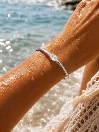 Gold Cuff Bracelets for Women, 14K Gold Plated Dainty Open CZ Cuff Bracelet Adjustable Stackable Open Bangle Bracelet Birthday Jewelry Gift for Her - color: Oval CZ-Silver