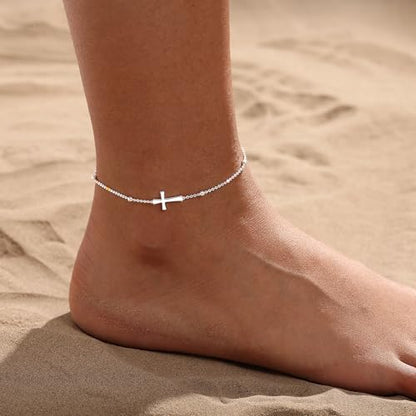 Ankle Bracelets for Women 14K Gold/Silver Plated Cross Heart Bead Anklet Waterproof Adjustable Chain Non Tarnish Cute Boho Trendy Dainty Summer Beach Foot Jewelry Gift for Her - style: Cross-SL