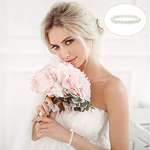 MOZAKA 30 Pieces 6mm/8mm Faux White Pearl Bracelets for Women Stackable Stretch Beaded Bracelets Simulated Pearl Bracelet Set for Bridesmaid Bridal Wedding Party Jewelry - style: B:8mm