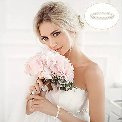 MOZAKA 30 Pieces 6mm/8mm Faux White Pearl Bracelets for Women Stackable Stretch Beaded Bracelets Simulated Pearl Bracelet Set for Bridesmaid Bridal Wedding Party Jewelry - style: B:8mm