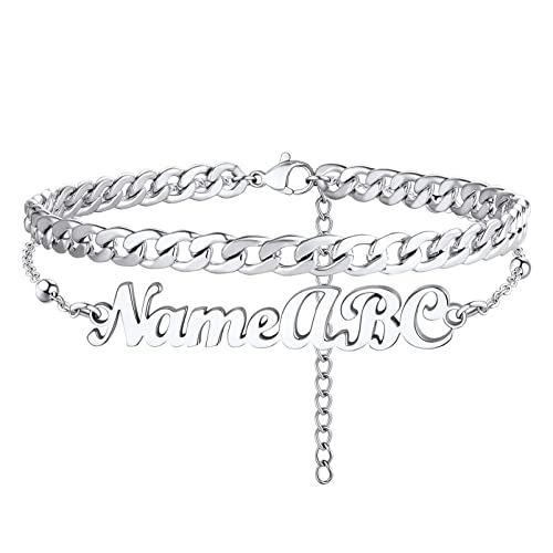 PROSTEEL Trendy Handcuffs Design/Customize Words Ankle Bracelet For Women, 316L Stainless Steel Anklets Silver/Gold/Black Tone, Hypoallergenic, Come with Box - style: 07 Customize-Cuban Link(8.5"-10.5")-Elegant Silver