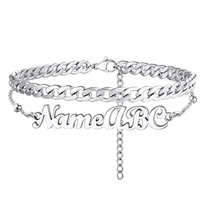 PROSTEEL Trendy Handcuffs Design/Customize Words Ankle Bracelet For Women, 316L Stainless Steel Anklets Silver/Gold/Black Tone, Hypoallergenic, Come with Box - style: 07 Customize-Cuban Link(8.5"-10.5")-Elegant Silver