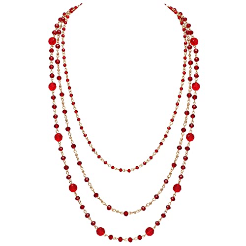 Firstmeet Long Chain Multi Layer Fashion Glass Beads Handmade Necklace for Women - color: TMRed-j