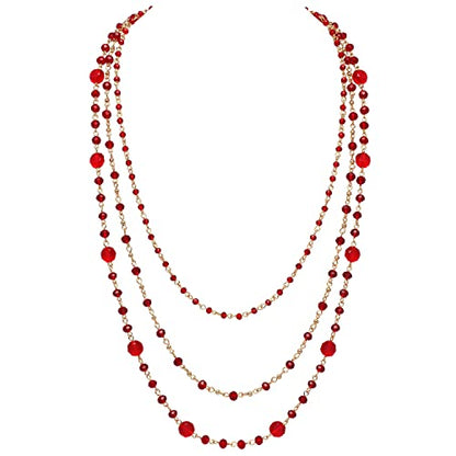 Firstmeet Long Chain Multi Layer Fashion Glass Beads Handmade Necklace for Women - color: TMRed-j