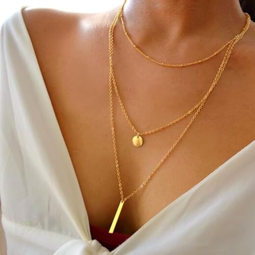 Layered Necklace Pendant Handmade Dainty Choker Bar Layering Long Necklace for Women(Silver) - color: Gold