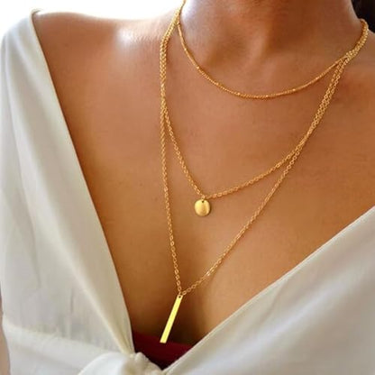 Layered Necklace Pendant Handmade Dainty Choker Bar Layering Long Necklace for Women(Silver) - color: Gold