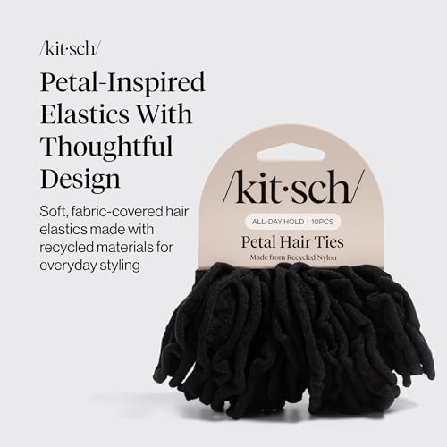 Kitsch Petal Hair Ties No Damage - Black, 10pcs | Strong, Stretchy & Snag-Free Hair Bands – Soft Fabric Ponytail Holders, Stylish Elastics for Everyday Hairstyles - color: Black Petal (Pack of 10)