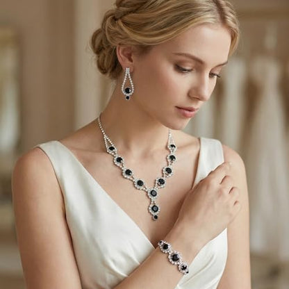 Silver Plated Necklace Earrings Bracelet Crystal Bridal Wedding Jewelry Sets for Wedding princess birthday party Halloween Prom Pageant Jewelry - color: 2-black