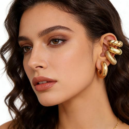 4pcs Chunky Gold Silver Ear Cuff Set for Women Punk Metallic Twist Non Piercing Clip Cuff Earrings Trendy Jewelry Set for Daily Party - style: style A