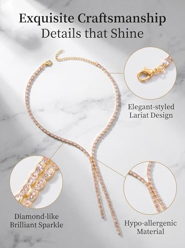 Rhinestone Necklace for Women, Y-Shaped Lariat Necklaces with Cubic Zirconia, Adjustable Drop Pendant, Gold Dainty Tennis Necklace for Prom, Weddings, and Parties, Elegant Jewelry Gift