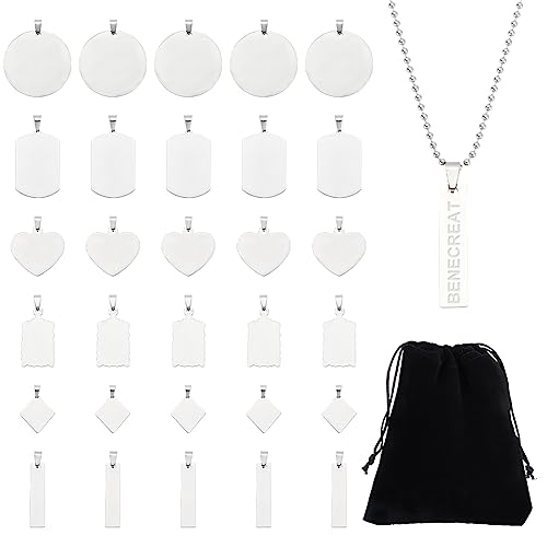 BENECREAT 30PCS Mixed Large Stainless Steel Stamping Blanks, Round/Rectangle/Heart Pendants Charms with Black Velvet Bag and Clear Storage Box for Necklace Bracelet Making and ID Name Tags, 1mm Thick