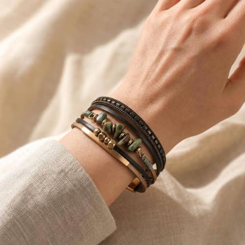 Wrap Bracelets for Women PU Leather Multi-Layer Boho Bracelet with Clasp Handmade Irregular Beads Cuff Bangle Stackable Jewelry Gift - color: Brown
