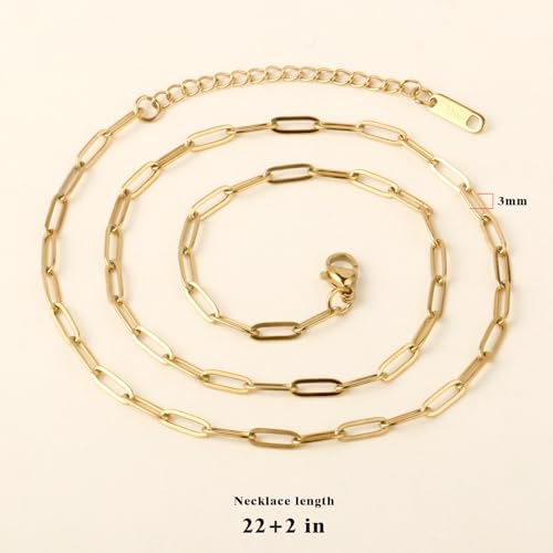 10PCS Gold Paperclip Chain Bulk Stainless Steel Necklace forJewelry Making | 3MM 22 Inches 18K Gold PVD Plated Finished Cable Link Chain Bulk for DIY Necklace Crafts