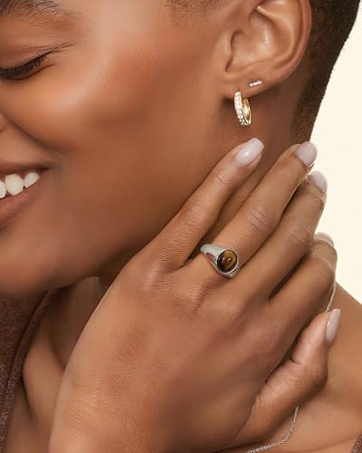 YeGieonr Gold Signet Rings for Women Non Tarnish Gold Rings, Waterproof Gemstones Statement Ring, 18K Gold Plated Stainless Steel Gem Stone Jewelry Gift for Everyday Wear - color: Tiger Eye Silver