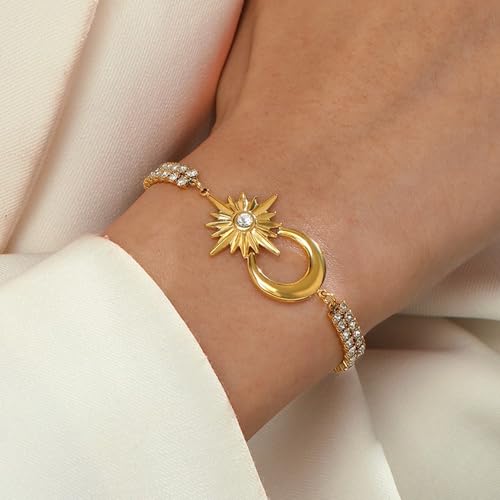 CTRLZTEAM 14K 18K Gold Plated Layered Bracelets for Women Stacked Bracelet | 14K 18K gold plated multi layer bracelets combine distinct chains with single clasp for instant pre-stacked style - style: Celestial Sun and Moon Double Row Zirconia