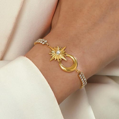 CTRLZTEAM 14K 18K Gold Plated Layered Bracelets for Women Stacked Bracelet | 14K 18K gold plated multi layer bracelets combine distinct chains with single clasp for instant pre-stacked style - style: Celestial Sun and Moon Double Row Zirconia