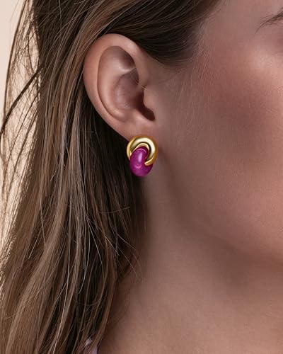 Small Twist Interlock Chunky 18K gold plated Gemstone Natural Stone (Brown, Green, Pink, White) Statement Earrings for Women by SNGIA, Dainty Love Knot Tiger Eye Amber Jade Tourmaline Bold Handmade Exaggerated Dome Retro Rounded Button Half Ball Trendy Bo